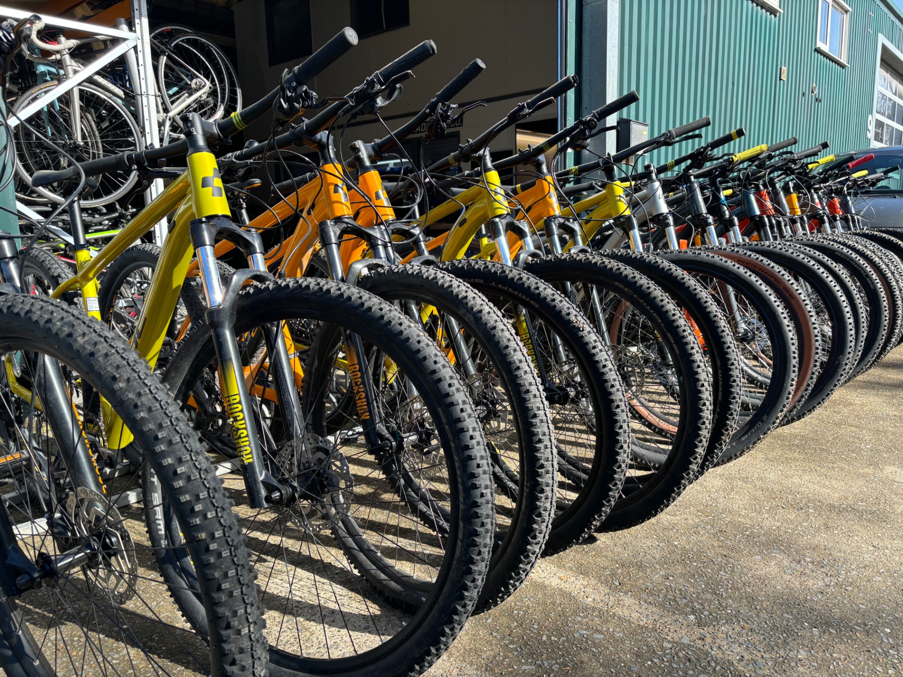 Bikes lined up on a sunny North Devon coastal hire path